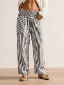 Bohemela Plus Size Casual Striped Pants For Vacation Fall - Blue and White - View 3