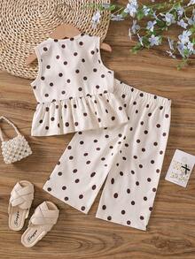 SHEIN Vintaside Kids Infant Baby Girl 2 Pieces Set Classic Beige Black Polka Dot Sleeveless Ruffle Top Wide-Leg Pants Skin-Friendly Fabric Summer Family Matching - Apricot - View 2