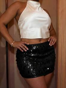 Firerie Plus Size Women's Solid Color Sequin Fashion Bodycon Skirt - Black - View 7