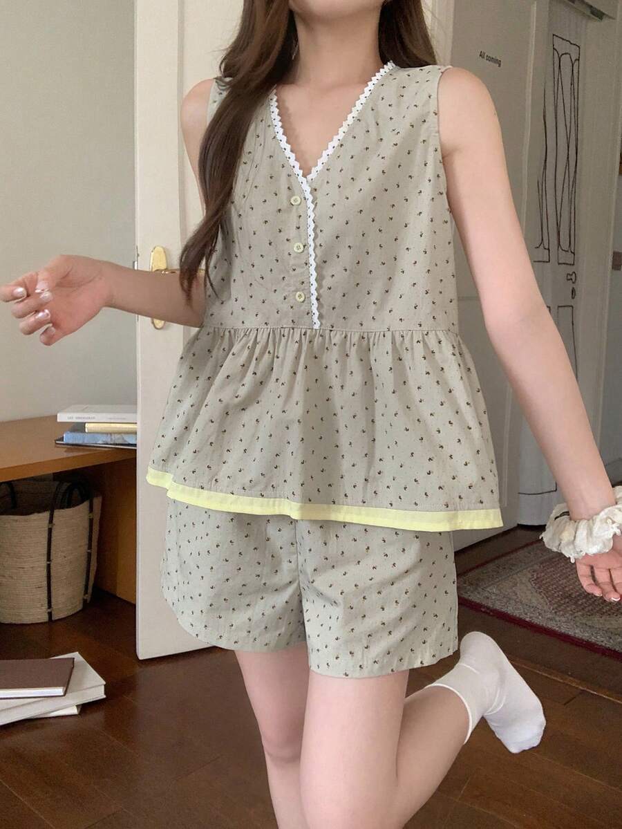 DAZY Conjunto de ropa de estar en casa para niña preadolescente, talla grande, estampado integral de corazones con ribete en contraste, ropa de otoño - Verde - Ver 1