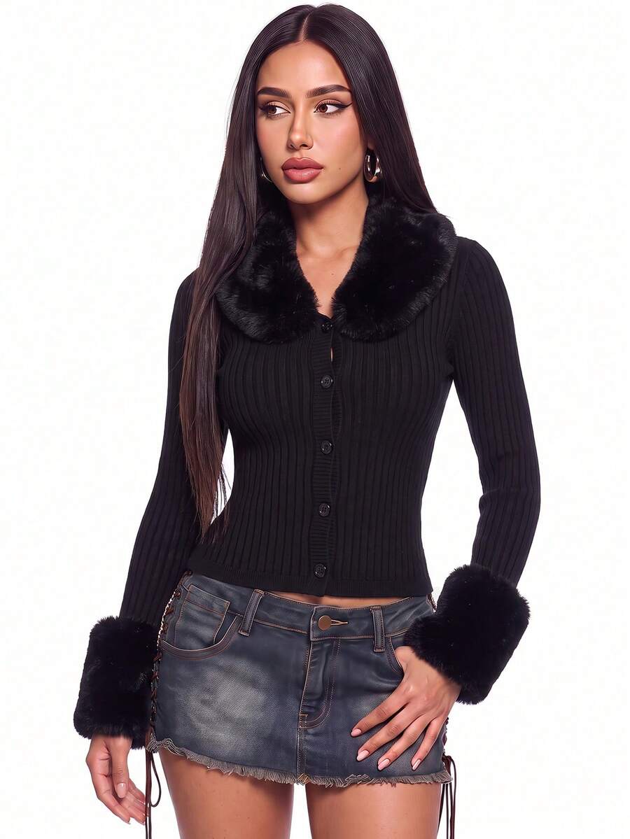 SHEIN ICON Borg領毛絨袖口修身剪裁黑色長袖開襟衫,秋冬長袖上衣 - 黑色 - 查看 1