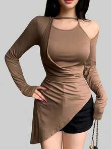 DAZY Women's Solid Color Asymmetric Cutout Design Long Sleeve Sports T-Shirt Night Rave Coffee Brown Autumn Sexy,Korean Style Party Wedding Guest - Brown - View 1
