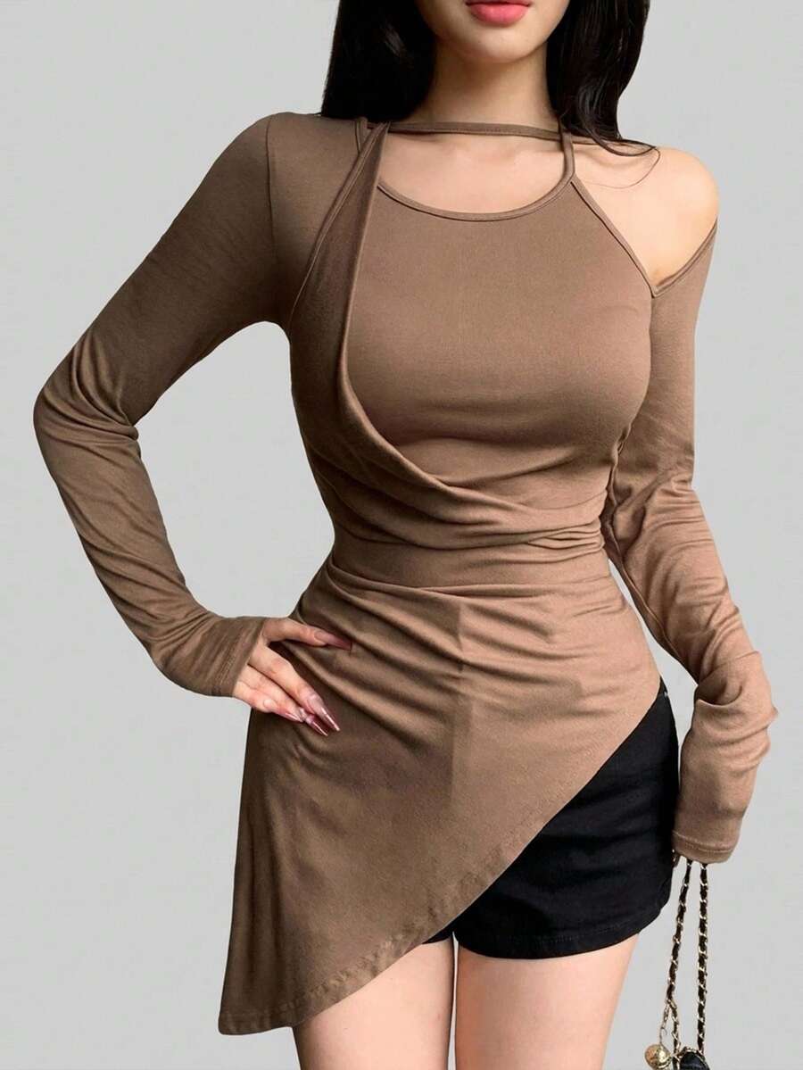 DAZY Women's Solid Color Asymmetric Cutout Design Long Sleeve Sports T-Shirt Night Rave Coffee Brown Autumn Sexy,Korean Style Party Wedding Guest - Brown - View 1