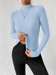 SHEIN 秋冬休閒百搭素色立領針織毛衣 - 天藍色 - 查看 3