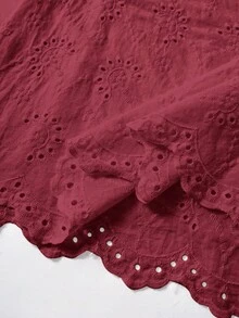 Rusticease 大尺碼度假休閒優雅刺繡鏤空圓領曲擺襯衫，適合早午餐、茶會，酒紅色，2026夏季秋季時尚 - 酒紅色 - 查看 5