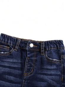 SHEIN Young Boy Blue Comfortable And Refreshing Dark Wash Cut Out Ripped Frayed Design Elasticity Denim Stretch Skinny Jeans For Dailywear - Blue - View 3