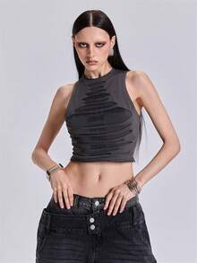 ACID BLVD Summer Spring Autumn Punk Street Y2K Distressed Letter Cutout Contrast Color Tank Top - Black - View 7