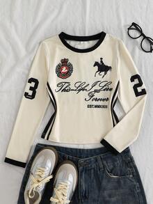 SHEIN 1pc Girls' American Vintage Street Style Casual Spring/Autumn Short Cropped Top, Contrast Color Raglan Sleeve Knight Letter Print Striped Slim Fit Long Sleeve Base Layer T-Shirt - Beige - View 4