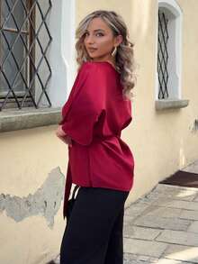 Jeta Ari Women's French Style Round Neck Batwing Sleeve Waist Tie Shiny Red Blouse, Spring/Summer - Burgundy - View 4