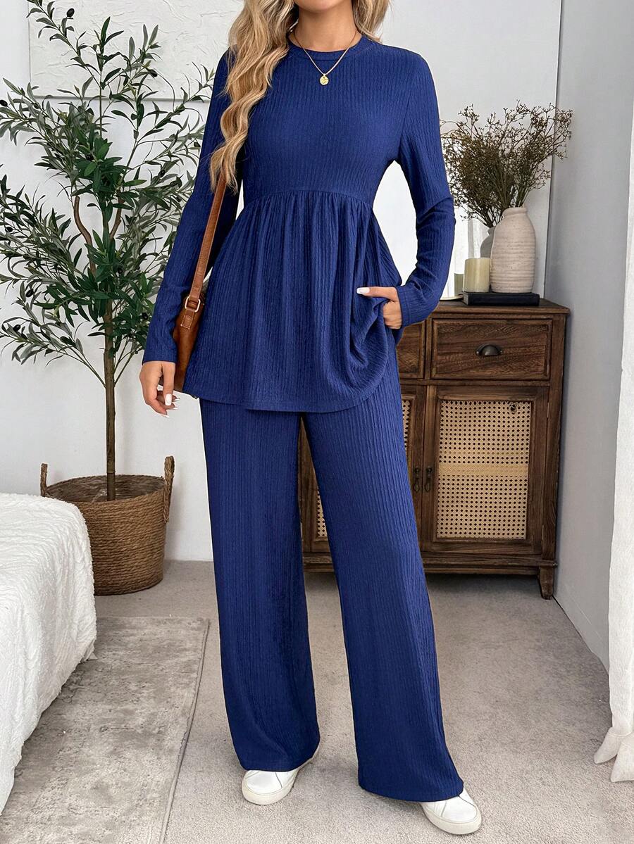 EMERY ROSE Women's Autumn Casual Solid Color Top And Pants 2 Pieces Set - Navy Blue - View 1