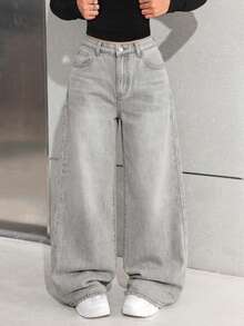 SHEIN Teen Girl Fashion Versatile Button Pocket Loose Fit Jeans - Light Grey - View 5