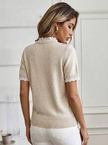 Louniche Elegant Apricot Crew Neck Lace Trim Patchwork Knit Short Sleeve Sweater, Suitable For Commute, Home, And Daily Wear, Spring/Summer - Apricot - View 2