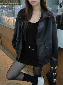 DAZY Women's Regular Fit Black PU Leather Jacket With Stand Collar, Long Sleeves, Zipper Front, Loose Fit And Pocket Decor Cute Tops - Black - View 4