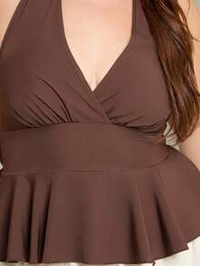 Lele Munniz Atasan Tank Top Kasual Wanita Ukuran Plus dengan Tali Lebar, Leher Halter, Hem Berkerut, dan Pinggang Terikat, Cocok untuk Kerja dan Pakaian Sehari-hari di Musim Panas. - Coklat - View 6