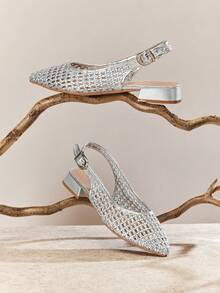 SHUZIA Women's Go Anywhere Block Heel Point Toe Metallic Pu Silver Woven Slingback Mules – Breezy Comfort & Elegant Summer Style - Silver - View 6