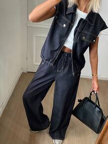 DAZY Women's Zipper Sleeve Top And Long Pants Casual Daily Denim Set - Navy Blue - View 5