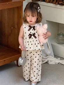 SHEIN Vintaside Kids Infant Baby Girl 2 Pieces Set Classic Beige Black Polka Dot Sleeveless Ruffle Top Wide-Leg Pants Skin-Friendly Fabric Summer Family Matching - Apricot - View 4