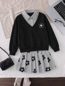 SHEIN Elladie kids 青少年女孩運動衫套裝，黑白配色，連帽衫 + 慢跑褲 2 件組，秋冬款，80年代風，圓領，字母印花，抓絨校園穿搭 - 黑色 - 查看 3