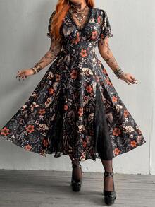 Whyspr Halloween Cottage Punk Goth Große Größen Bedrucktes Puffärmel Kurzarm Kleid mit geraffter Taille und Spitzen-Patchwork - Schwarz - Übersicht 7