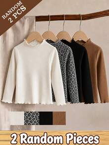 Envío aleatorio de 2 de 4 camisetas de capa base para niña con cuello semi alto, manga larga y ribete con volantes, de punto acanalado en color liso y estampado de leopardo, conjunto casual de otoño - Multicolor - Ver 3