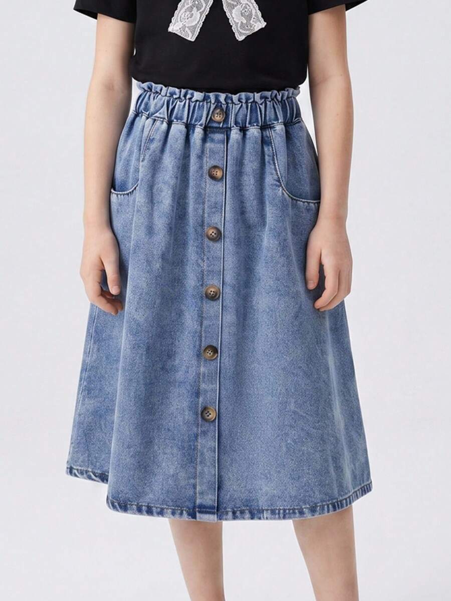 Maija Kids Maija Kids 少女宽松休闲A字裙,荷叶边下摆,牛仔长裙,适合夏季度假 - 中等水洗藍 - 查看 1