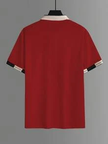 Calvornis 男士珠飾刺繡羅紋領短袖休閒 Polo 衫 - 紅色 - 查看 5