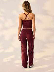 Aralina Leisurewear Active 2pcs Double Strap Criss Cross Back Cami High With Waist Flare Leg Body Sculpting Stretch Yoga Gym Pilates Activewear Two Pieces Set - Burgundy - View 9