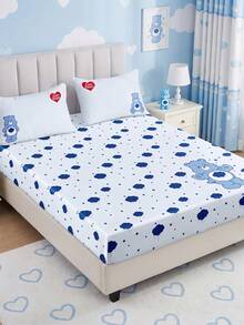 SHEIN X Care Bears 3-Piece Mattress Set, Cartoon Bear Pattern On Blue Background, Cartoon Character Decoration, Cute Pattern, Suitable For Room Decoration, Microfiber Material, Machine Washable, Multi-Season Application - Blue - View 2