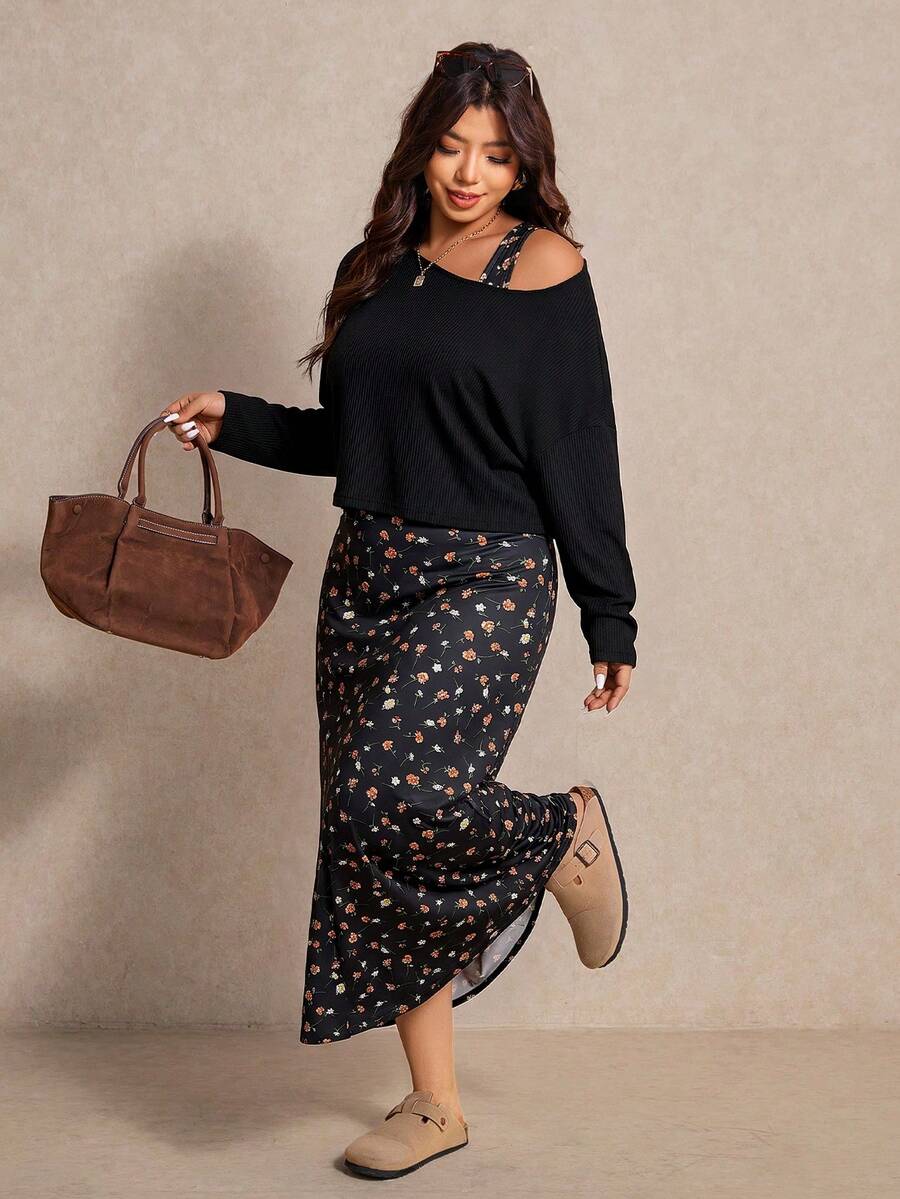 Elaquor Plus Size Solid Color Top & Ditsy Floral Dress 2-Piece Set - Black - View 1