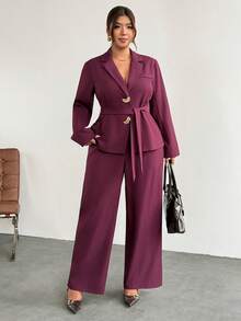 Firerie Plus Size Women's Solid Color Notch Lapel Long Sleeve Jacket And Pants Casual Commute Suit Set Elegant Business Work Suit Set For Women Fall/Winter - Red Violet - View 4