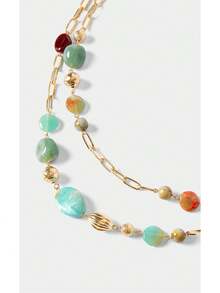 Noxbound 1 Piece, Bohemian Style, Women's Double-Layer Stacked Necklace, Multi-Color Pattern Resin Beads With Gold CCB Gold Chain, Can Show The Unique Charm Of - Turquoise - View 8