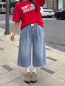SHEIN 青少年女孩時尚返校街頭風混搭百搭設計 Y2K 復古酷感街頭鬆弛舒適彈性腰頭設計 藍色丹寧 8 吋鬆寬腿牛仔褲 日常穿著 春夏電音節慶與街頭穿搭 - 藍色 - 查看 3
