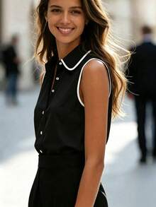 EMERY ROSE New Fashion Black And White Color Block Commuter Minimalist Sleeveless Shirt - Black - View 5