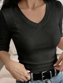 DAZY 女款素色修身百搭休閒T恤 - 黑色 - 查看 4