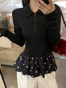 DAZY Kaos Wanita Motif Polkadot dengan Hiasan Ruffle di Bagian Bawah dan Resleting, Lengan Panjang, Kasual Elegan, Atasan Lucu untuk Acara Santai, Warna Hitam Putih, Musim Gugur - Putih - View 1