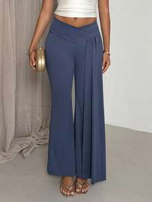 Glamine Haze Blue Asymmetrical Ribbon Detail High Waist Drape Wide Leg Slimming Versatile Casual Pants Hot Girl Style Floor Length Sweatpants - Dusty Blue - View 5
