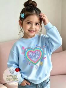 Girls' Fashionable Fresh Colorful Glitter Rainbow Design Printed Basic Crew Neck Sweatshirt - Blue - View 2