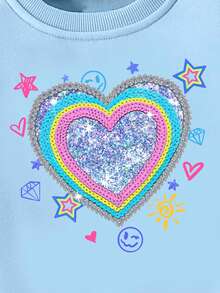 Girls' Fashionable Fresh Colorful Glitter Rainbow Design Printed Basic Crew Neck Sweatshirt - Blue - View 7
