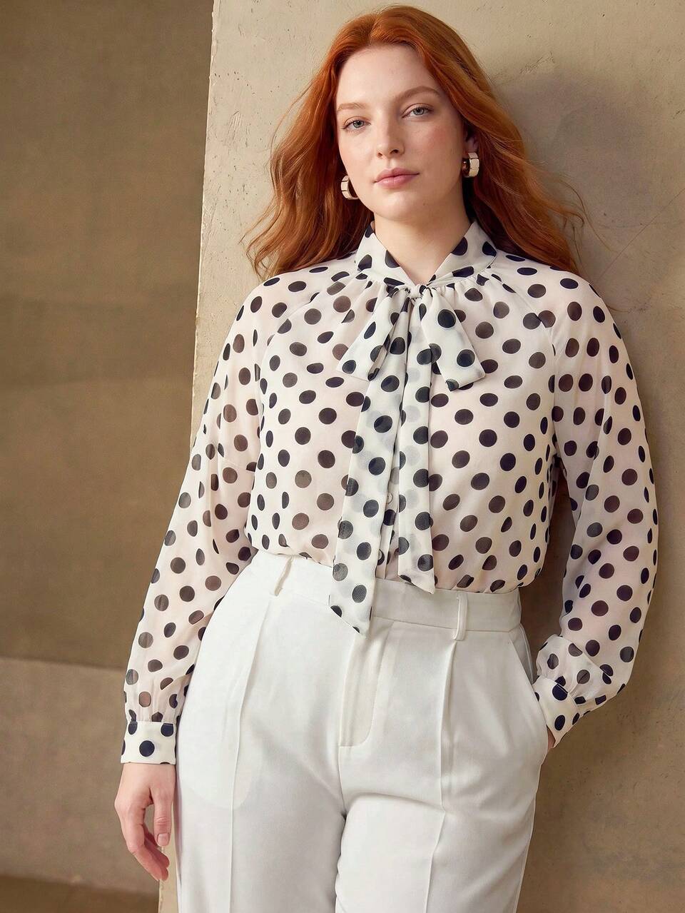 MOTF PLUS SIZE WOMEN'S CLASSIC MINIMALIST ELEGANT COMMUTER POLKA DOT PRINT TIE NECK SEMI-SHEER BLOUSE FALL