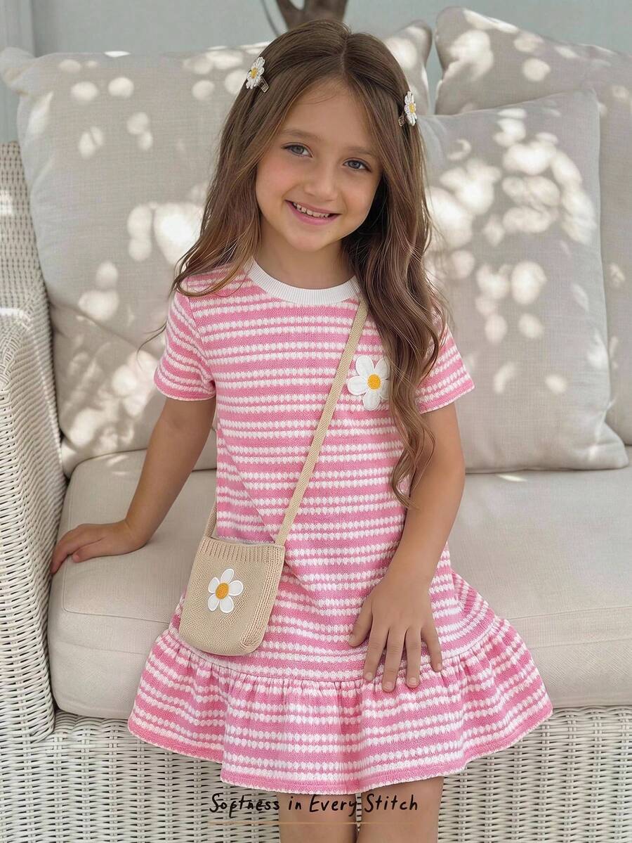 Emery Rose Kids Emery Rose Kids 女童條紋圓領短袖荷葉邊時尚洋裝 - 粉色 - 查看 1