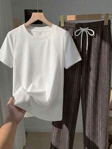 Tseoso 2pcs Set Embroidered Round Neck Short Sleeve Top And Striped Print Pants, Casual - Brown - View 5