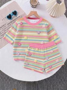 Baby Girl Casual Minimalist Round Neck Loose Short Sleeve T-Shirt & Fitted Biker Shorts Set, Suitable For Spring And Summer - Multicolor - View 4