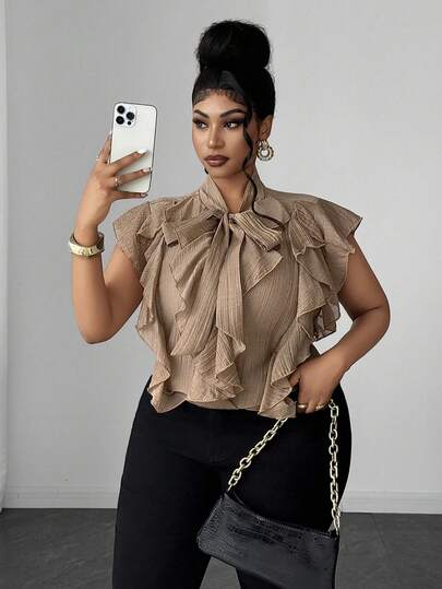 Maweii Plus Size Women Solid Color Tie Waist Casual Versatile Daily Wear Blouse