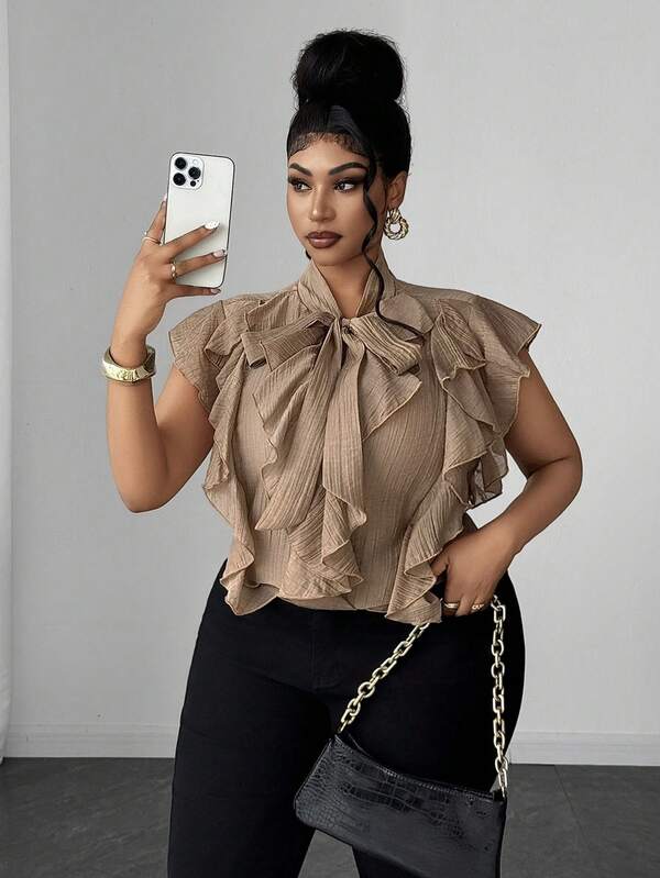 Maweii Plus Size Women Solid Color Tie Waist Casual Versatile Daily Wear Blouse