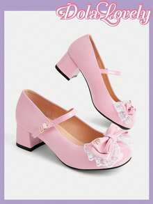 Dola Lovely Scarpe da donna, rosa, Mary Jane, con fiocco e decorazioni in pizzo, scarpe Lolita stile dolce giapponese JK, con tacco spesso e alto. - Rosa Baby - Visualizzare 4