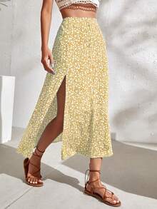 SHEIN Holidaya 女款碎花開衩大腿長裙 度假海灘穿搭 - 黃色 - 查看 1