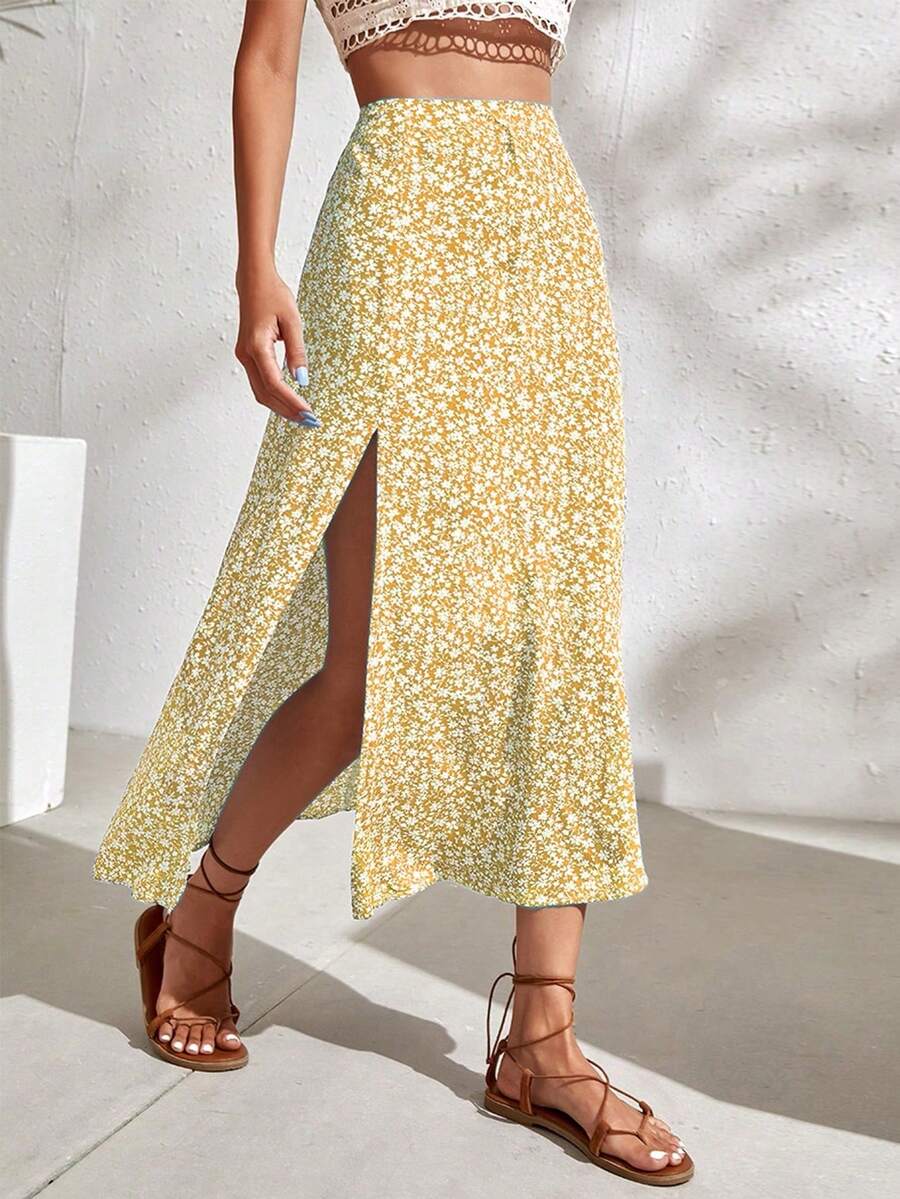 SHEIN Holidaya 女款碎花開衩大腿長裙 度假海灘穿搭 - 黃色 - 查看 1