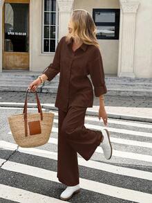 Serisse Women's Solid Color Rolled Sleeve Single-Breasted Shirt And Long Pants Casual 2 Pieces Set - Coffee Brown - View 4