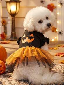 1pc Cat & Dog Universal Cartoon Expression Print Orange Fluffy Tulle Dress, Lovely Halloween Pet Dress, For Halloween Party, PETSIN Original Design - Multicolor - View 3