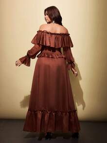Viva Relle Gaun Panjang A-Line Kerah Ruffle Satu Bahu untuk Wanita Ukuran Plus, Musim Gugur - Rust Brown - View 6